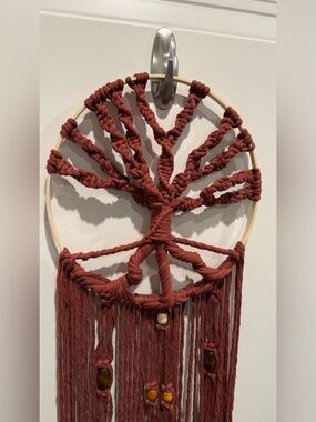 Hand made macrame tree of life rust orange color with wooden beads - hoop is 12”
